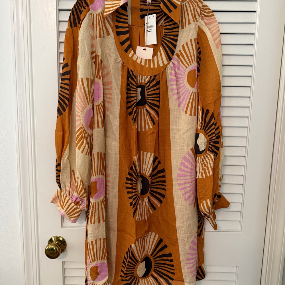 Women’s Patterned Long Sleeve Shift Dress — Rust Multi